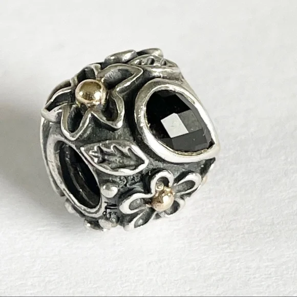 Pandora Dew Drops on Flowers Diamond Charm w/14k Details, Onyx & Diamonds - Picture 2 of 16
